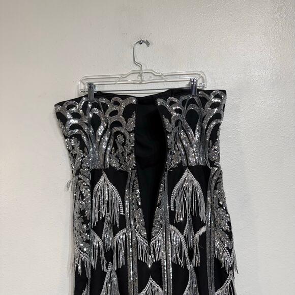 Dress the Population Black Viviana Sequin Fringe Strapless Midi Dress Sz XXL - Picture 9 of 13